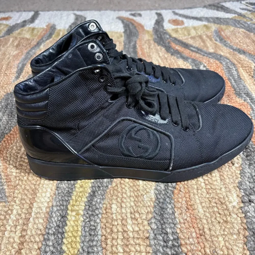 GUCCI Hi Top Black Nylon & Leather Men 10.5 US Retail $900‎ Preowned No Box